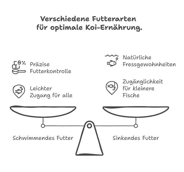Schwimmendes oder sinkendes Futter? Die Grafik zeigt Vor- und Nachteile beider Futterarten für Koi. Infografik: bachflohkrebse.de (alle Rechte vorbehalten)