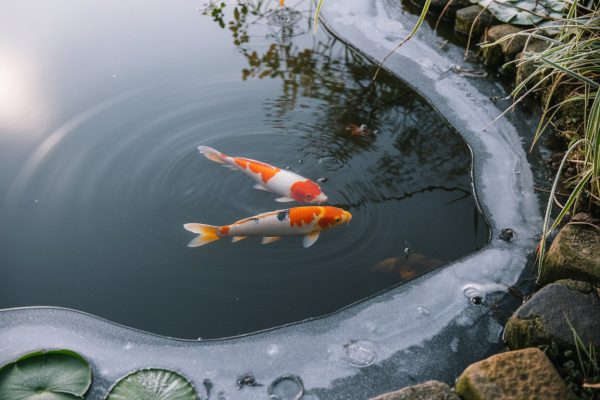 Koiteich im Winter, Fische unter Eis sichtbar