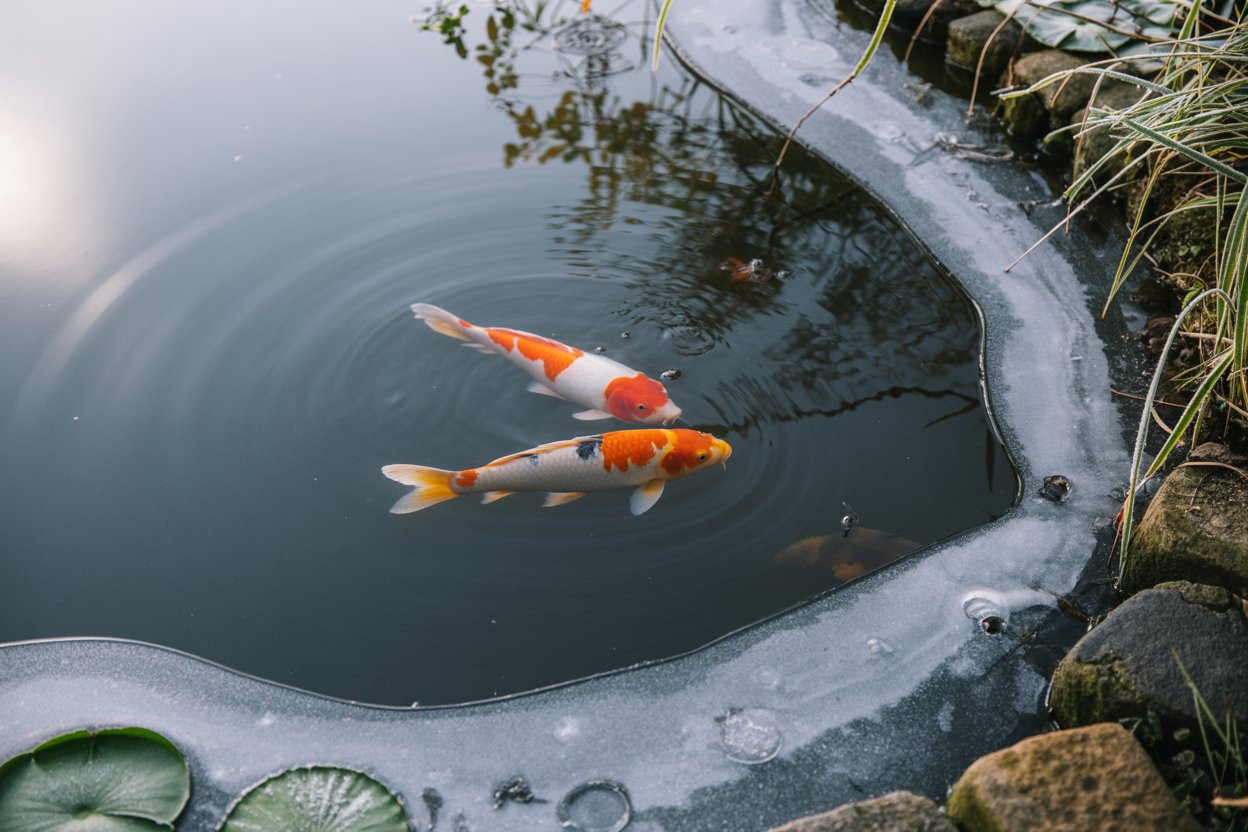 Koiteich im Winter, Fische unter Eis sichtbar